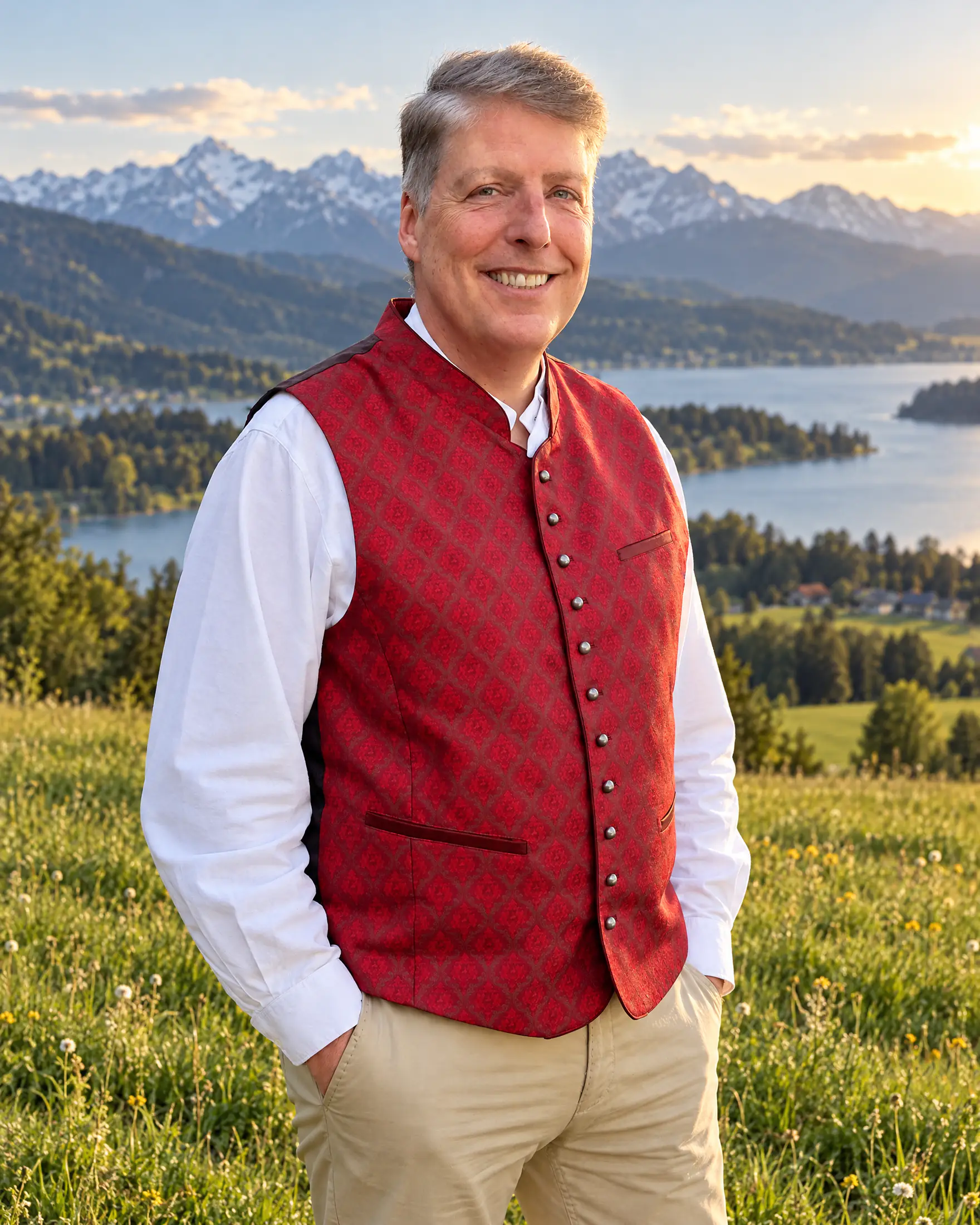 Alexander Solya in roter Trachtenweste auf einer Wiese im Oberland, hinter ihm ein See und die Berge, Bild mit KI erzeugt