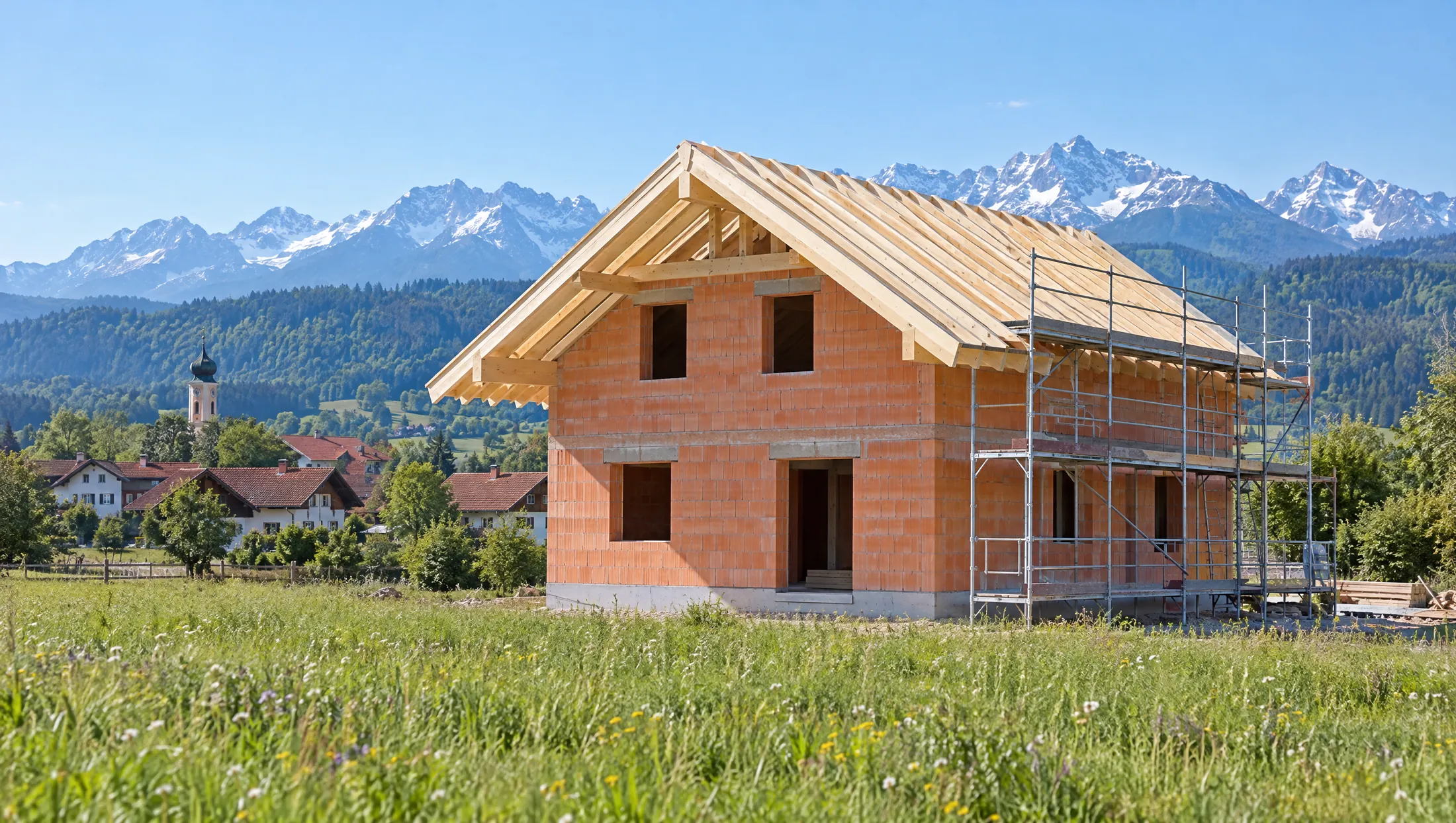 Ein Neubau im Rohbau mit frischem Dachstuhl vor den Bergen, Bild mit KI erzeugt